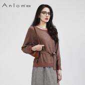 Anlom 娅奴温柔慵懒风咖桔色圆领系带收腰针织衫 女宽松毛衣