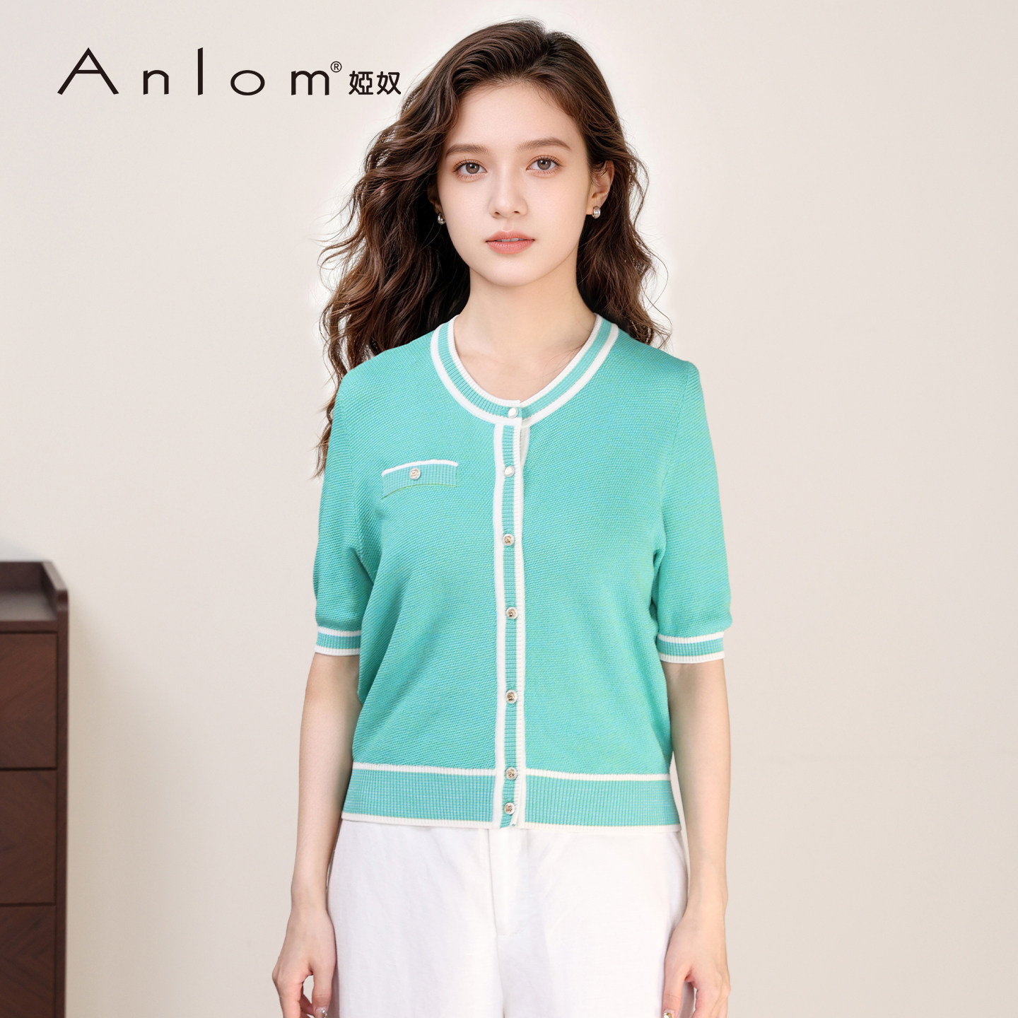 Anlom撞色边针织开衫女短袖图片