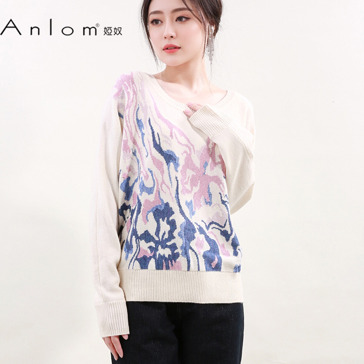 Anlom/娅奴山羊绒针织衫彩块