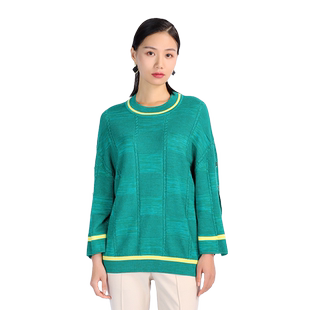 Anlom/娅奴春季长袖新款圆领松石绿休闲绵羊毛针织衫通勤上衣套衫