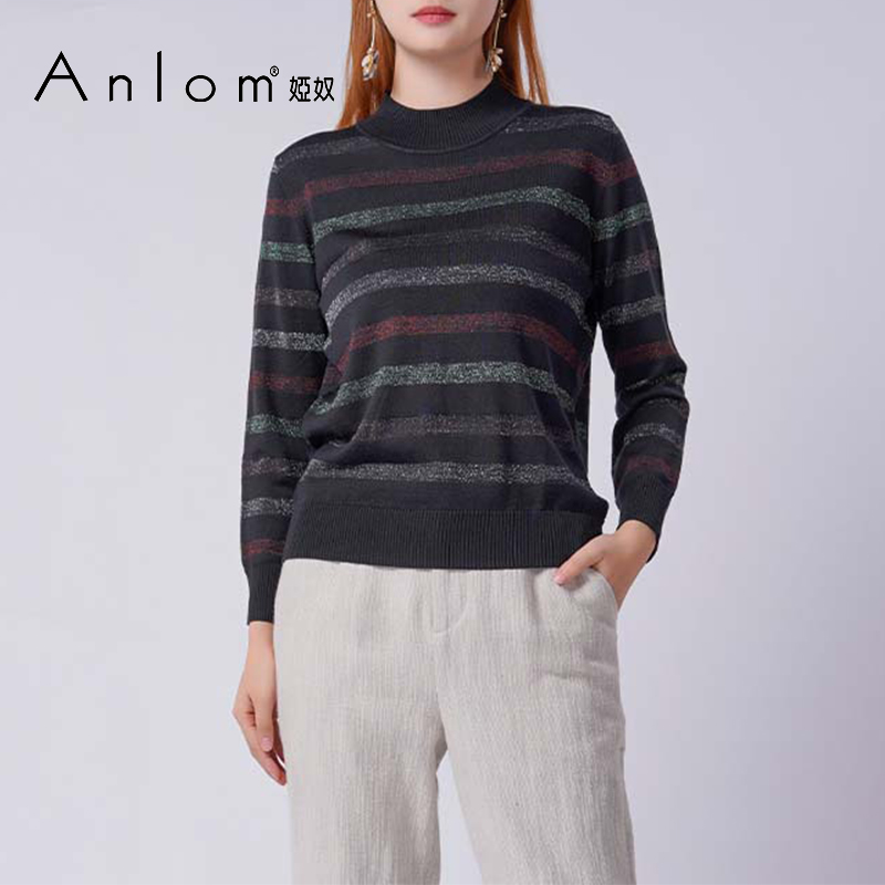 Anlom针织衫桑蚕丝条纹长袖高领