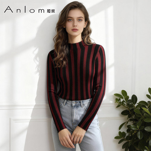 anlom/娅奴秋装女条纹简约桑蚕丝