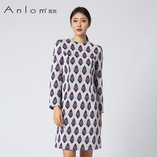 Anlom/娅奴秋冬新品复古提花圆领针织套头连衣裙中长款直筒裙子