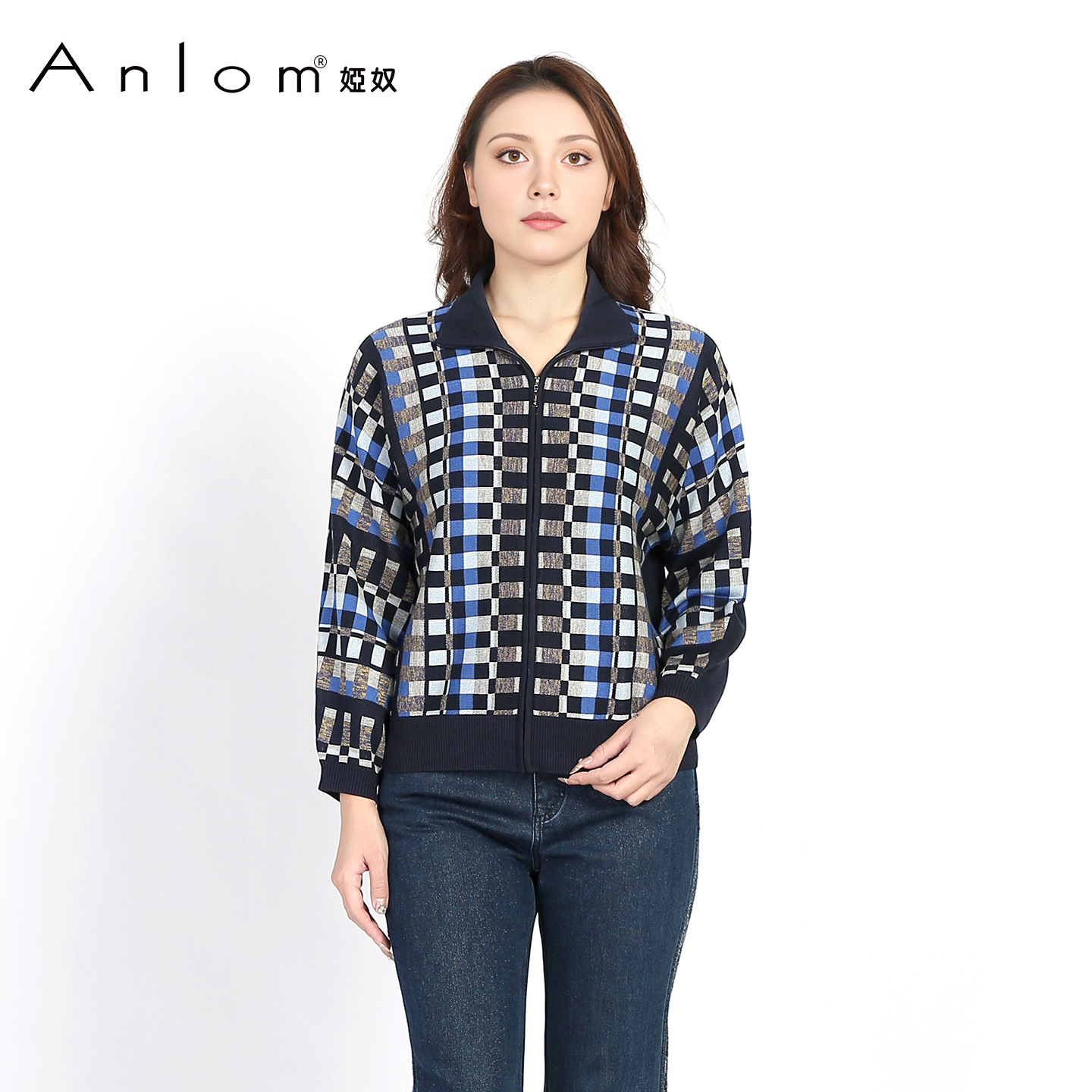 Anlom/娅奴100%桑蚕丝秋季新款翻领拉链百搭拼色中袖针织开衫