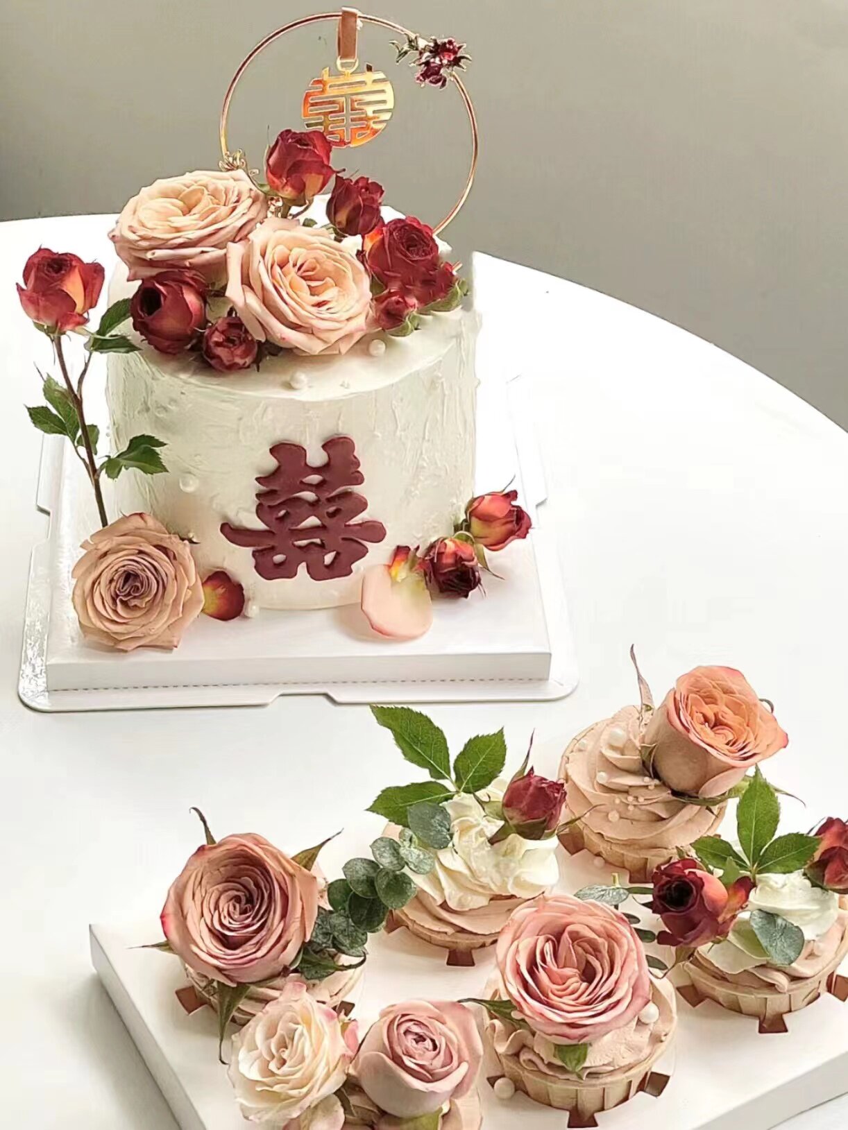 铁艺圆形囍蛋糕装饰新中式喜字凤钗插件石榴花凤凰珍珠结婚订婚