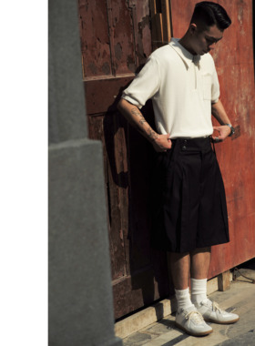 Planet 黑白复古宽松华夫格半拉链POLO衫