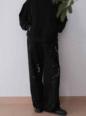 Planet 黑色高腰泼墨阔腿拖地长西裤百搭舒适休闲裤情侣款
