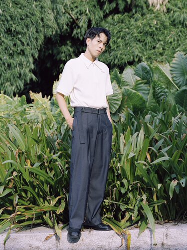 复古小众阔腿长裤休闲长裤炭灰色