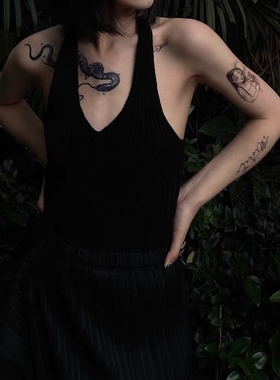 Planet  黑色挂脖露背小吊带针织背心女内搭无袖上衣外穿