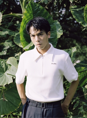 Planet  白色华夫格舒适透气小尖领半拉链刺绣polo短袖t恤