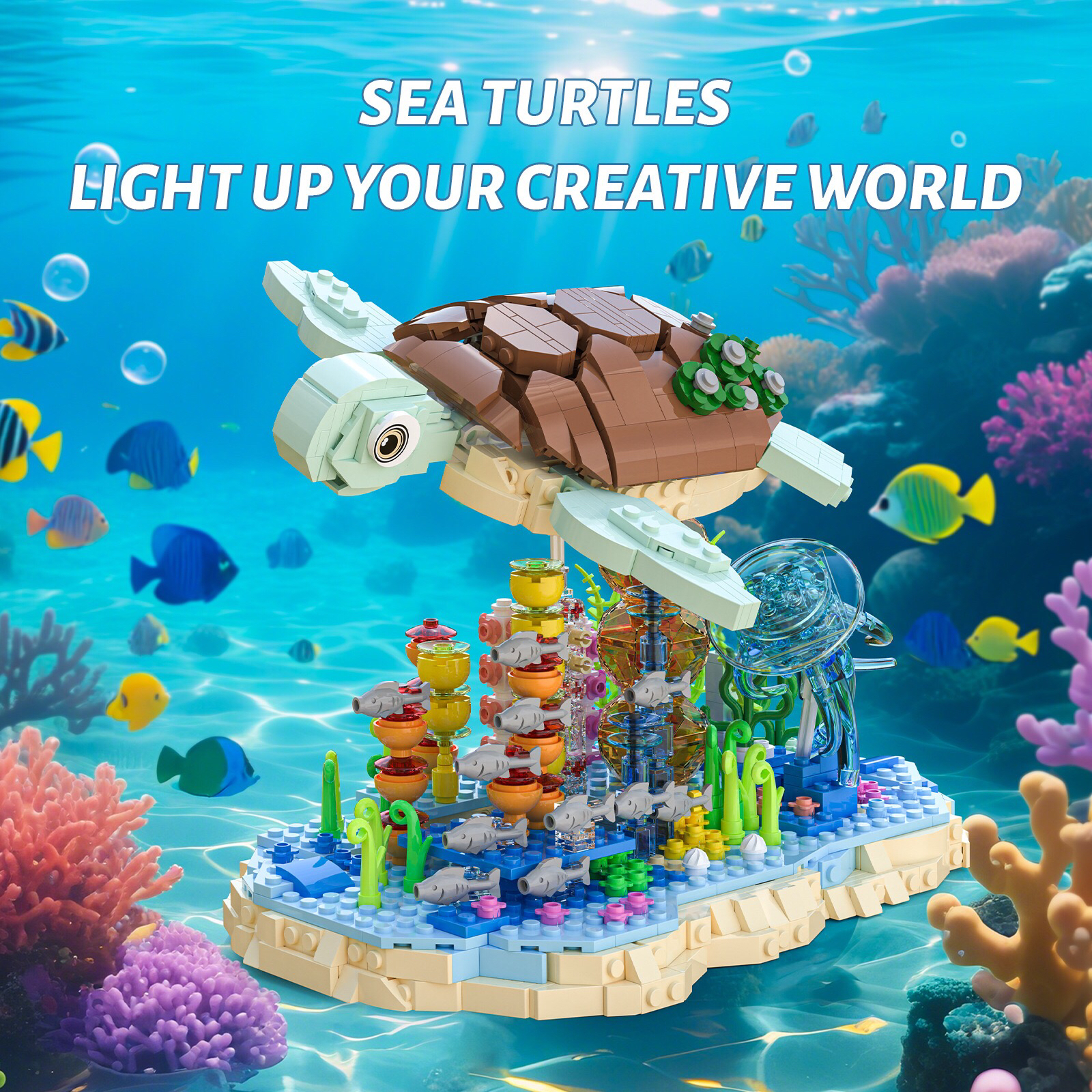 新品儿童拼装小颗粒积木玩具砖悦66099大海龟珊瑚礁海洋生物模型