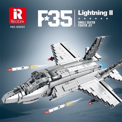 Reobrix臻砖33021闪电F35战斗机小颗粒积木模型拼装军事玩具男孩