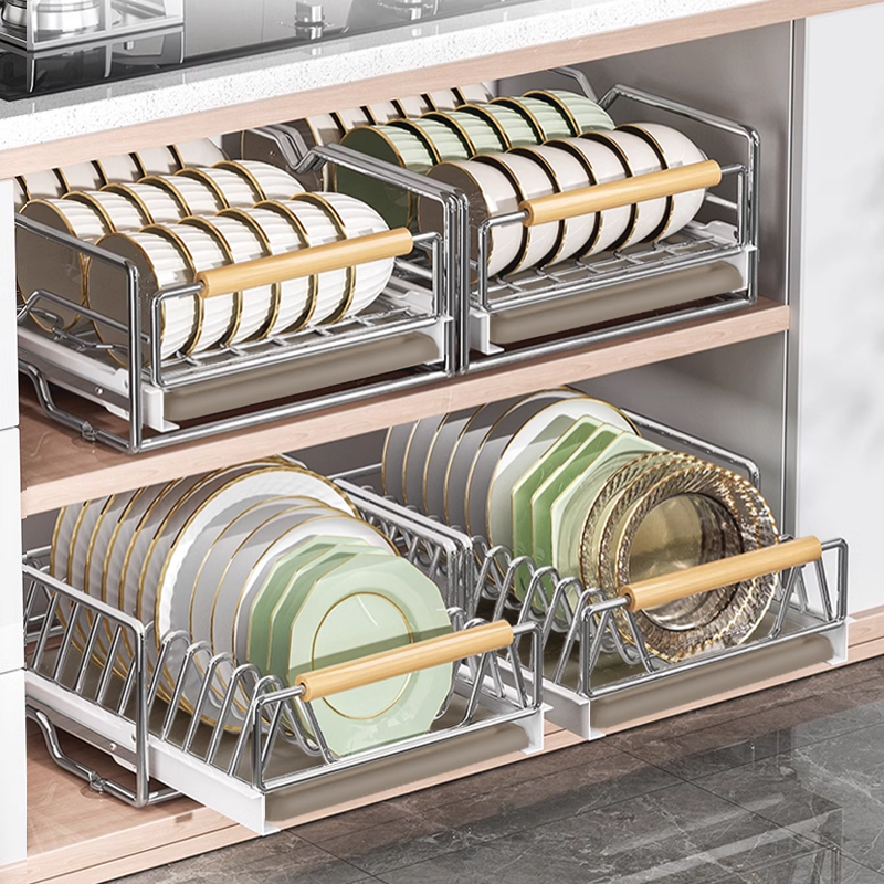 不锈钢碗碟收纳层架厨房整体橱柜内置物架抽屉式拉篮抽拉碗盘子沥