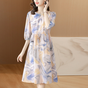 高端时尚夏装水墨画真丝连衣裙新款中老年女高贵洋气桑蚕丝长裙子
