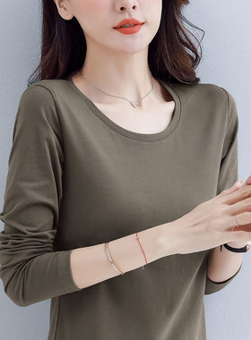 咖啡色简约修身长袖t恤女秋冬时尚打底衫内搭春秋薄款小个子上衣