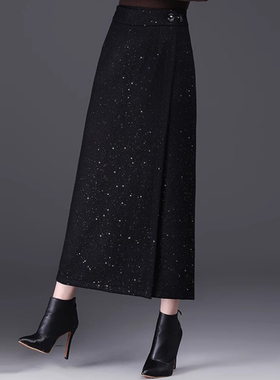 亮片毛呢半身裙女2025秋冬新款一片式长裙高腰繁星闪闪包臀直筒裙