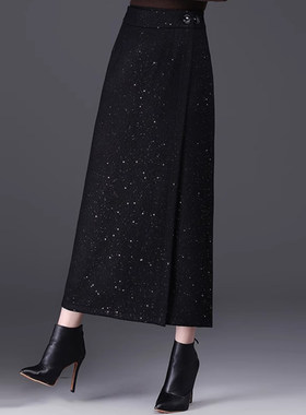 亮片毛呢半身裙女2025秋冬新款一片式长裙高腰繁星闪闪包臀直筒裙