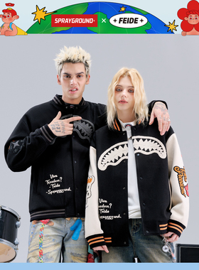 SprayGround鲨鱼嘴FEIDE联名刺绣棒球服夹克男秋季V领宽松外套潮