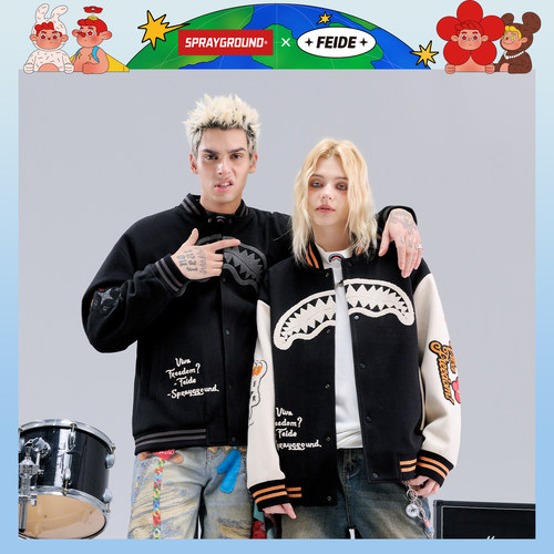 SprayGround鲨鱼嘴FEIDE联名刺绣棒球服夹克男秋季V领宽松外套潮