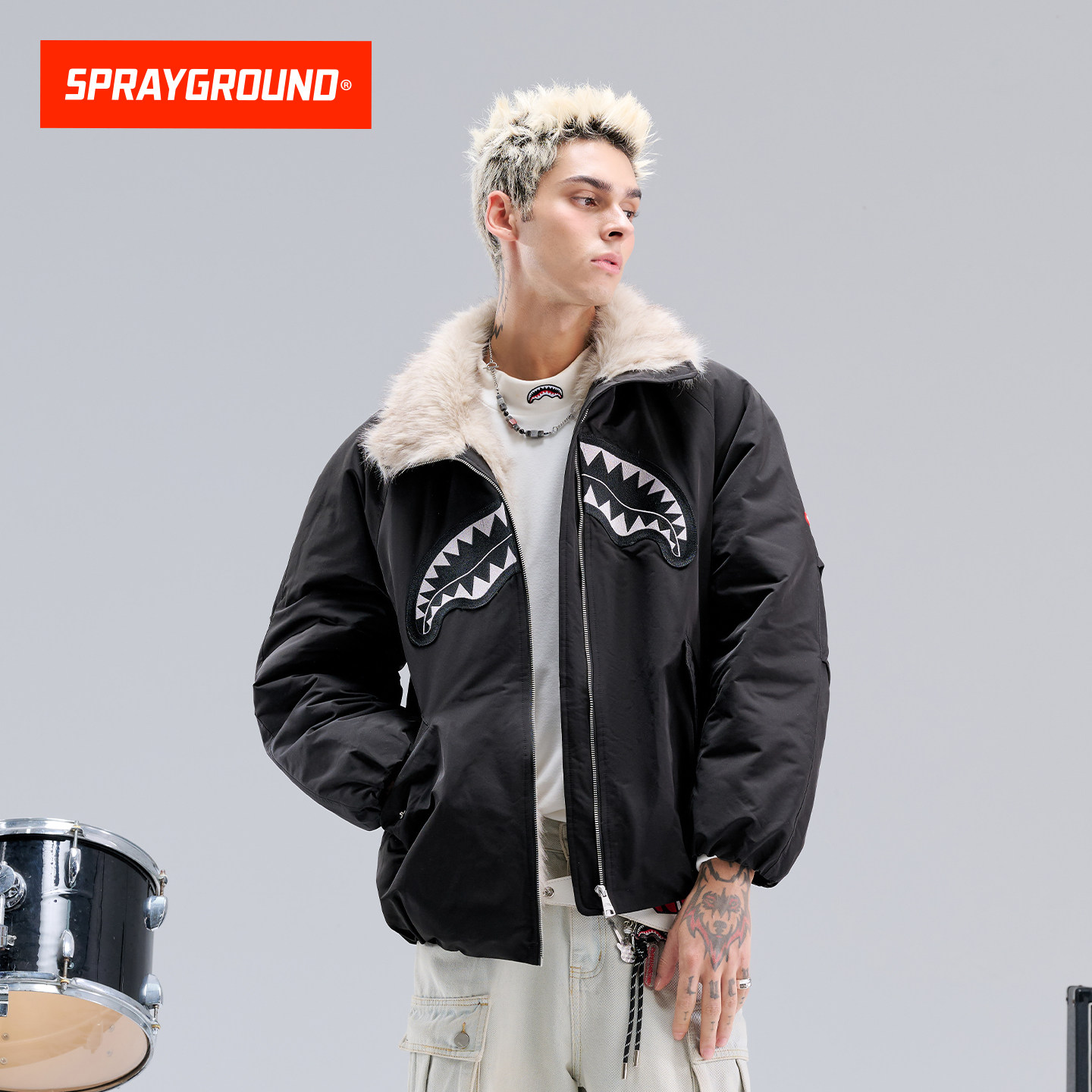 SprayGround鲨鱼嘴立领棉服夹克