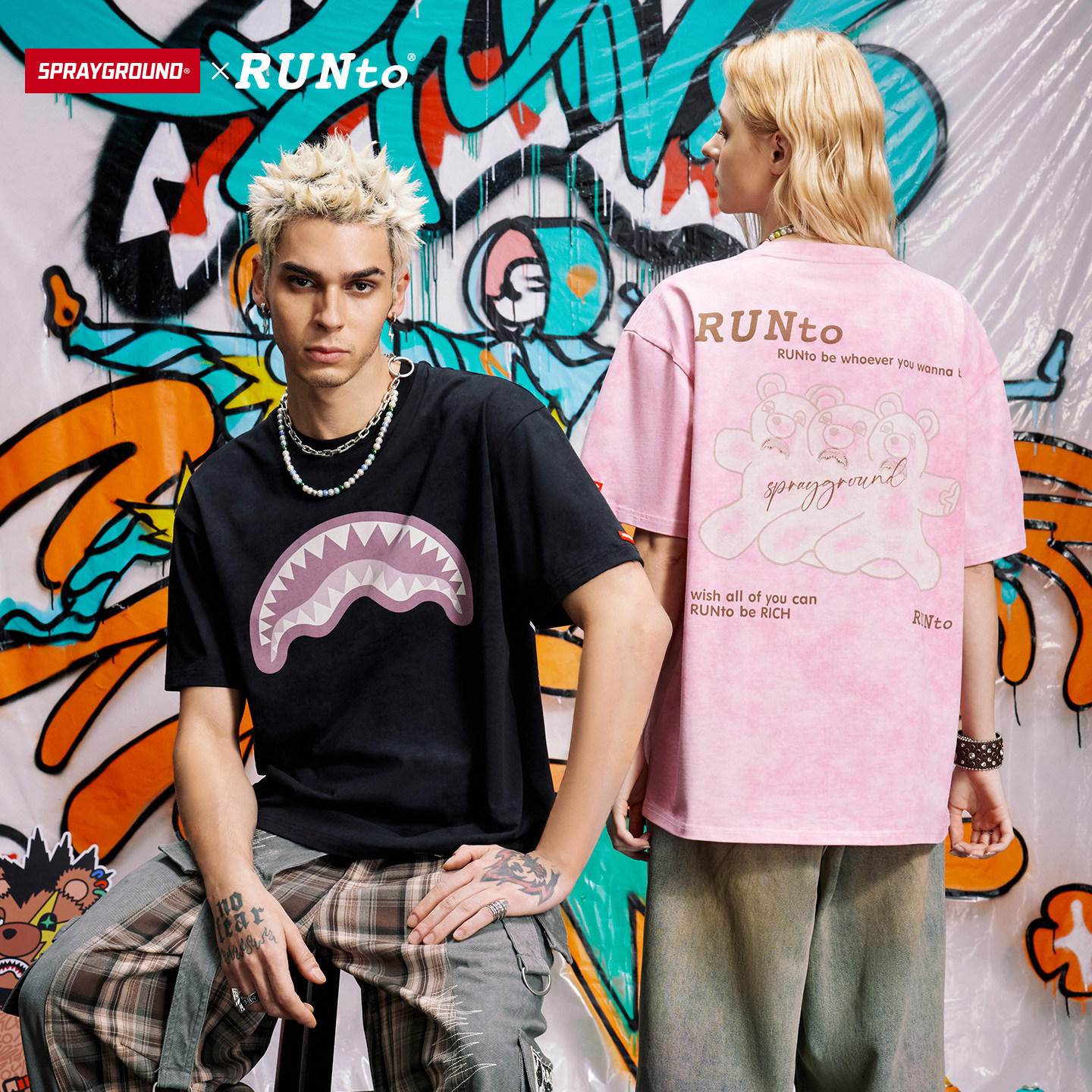 SprayGround鲨鱼嘴xRUNTO联名扎染印花短袖T恤男夏季潮流宽松上衣