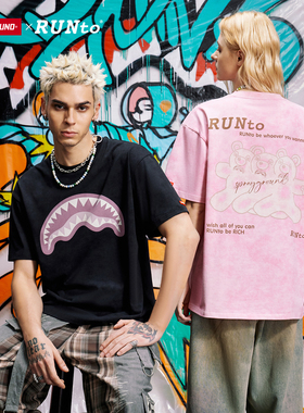 SprayGround鲨鱼嘴xRUNTO联名扎染印花短袖T恤男夏季潮流宽松上衣