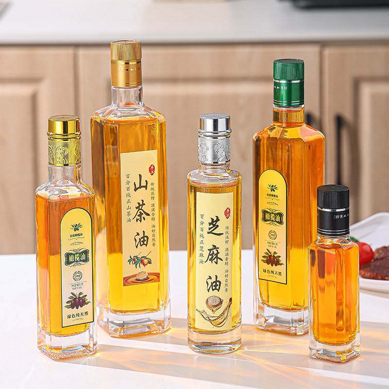 加厚500ml方形核桃油瓶晶白料山茶油瓶橄榄油瓶按压盖玻璃瓶空瓶