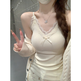 王禾禾 吊带内搭带胸垫打底上衣v领纯欲蕾丝边白色背心女 早春夏装