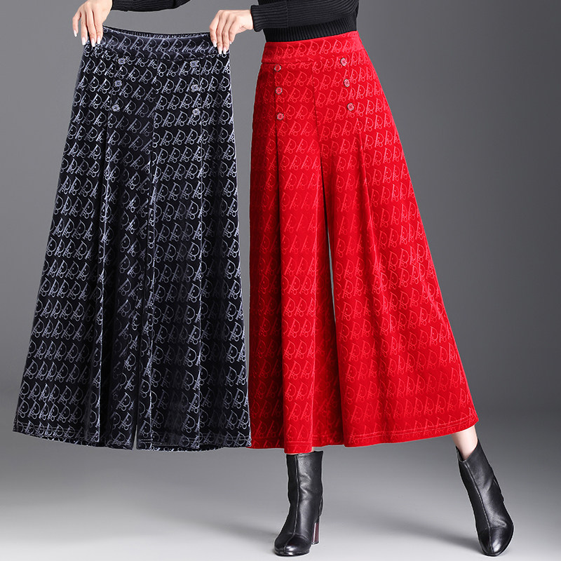 金丝绒裙裤女休闲高腰2023年秋冬季新款大码宽松黑色九分阔腿裤子