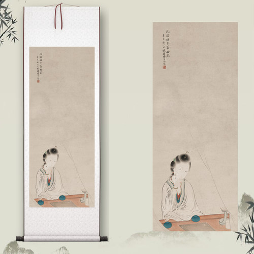 费丹旭《闲敲棋子仕女图》中式客厅中堂挂画玄关茶室装饰画高清