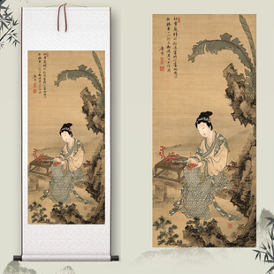 唐伯虎《红叶题诗仕女》中式客厅中堂挂画玄关古代仕女装饰画高清