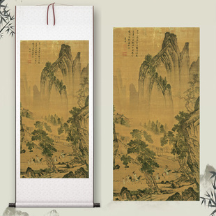 唐伯虎《松林扬鞭图》中式客厅中堂挂画玄关茶室山水装饰挂画高清