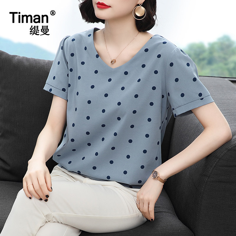 雪纺衫女夏短袖小衫2020夏装新款年碎花波点雪纺上衣妈妈中年夏季