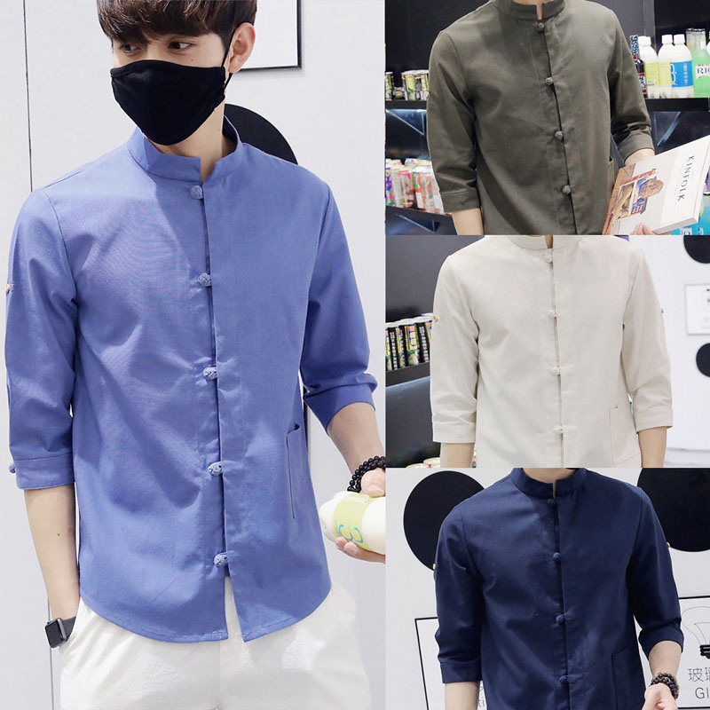 Chinese style Men's shirts Tang costume Cotton and hemp Retro frog Stand collar Sleeve coat modern Ethnic style men's wearin the Men's clothing, National costume  category - from Buy2taobao.com to provide professional Taobao agent buy service