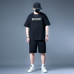 男加肥大码 五分裤 潮流男夏季 短裤 两件套 短袖 胖子纯棉中国风套装