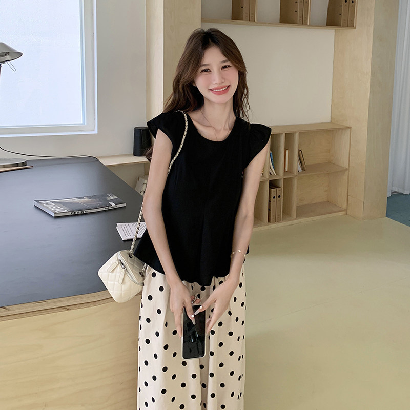 韩系少女感减龄套装女2025夏季新款小飞袖上衣波点阔腿裤两件套潮,女装套装/套裙,浙宝152