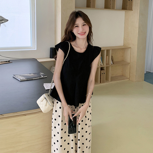 韩系少女感减龄套装女2025夏季新款小飞袖上衣波点阔腿裤两件套潮