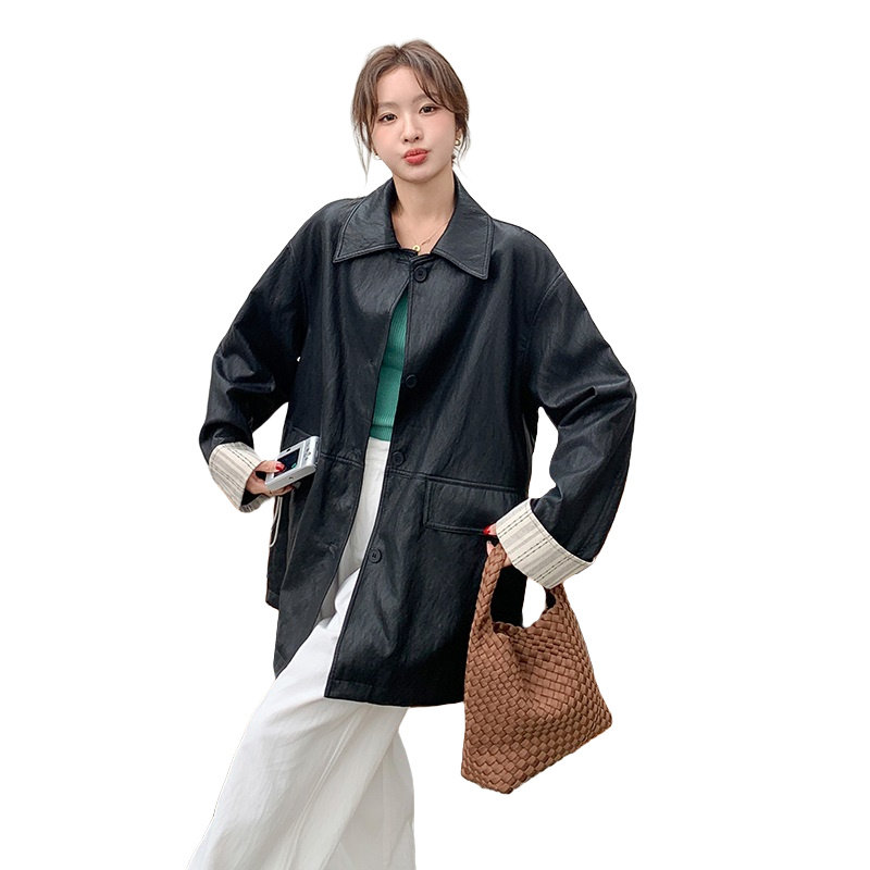 袖口拼接黑色皮衣外套女2025春季新款高级感简约宽松中长款上衣潮,女装风衣,浙宝152