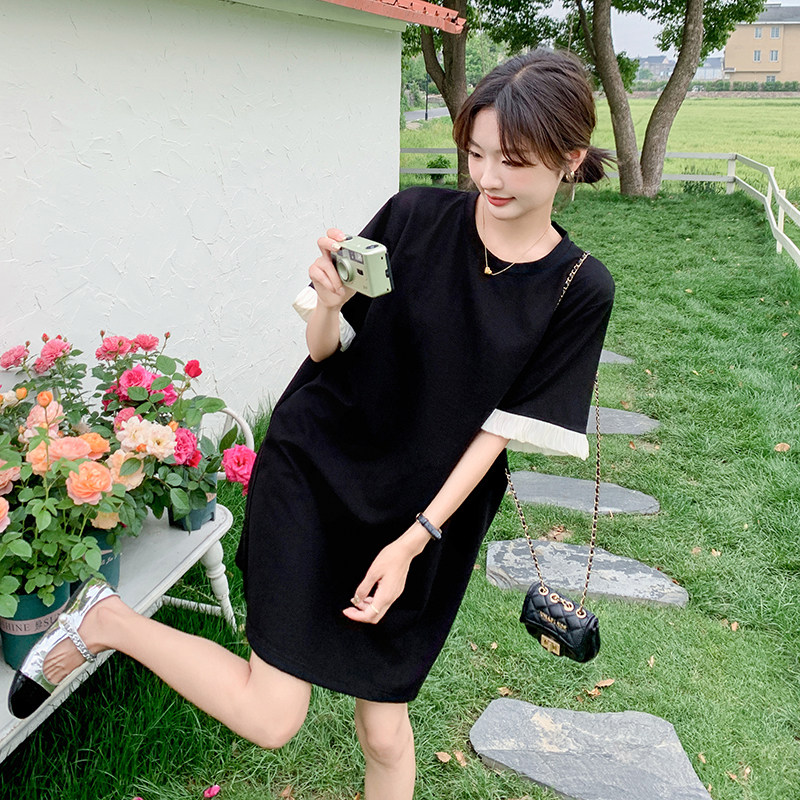 韩版时尚简约黑色连衣裙女夏2025新款小个子显瘦气质高级感T恤裙图片