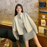 白色休闲短款外套女2025春秋新款韩系简约设计感小个子立领上衣潮，女装短外套，浙宝152