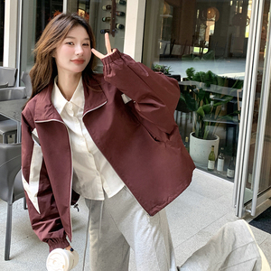 美式休闲立领冲锋衣外套女2024秋季新款学院风宽松小个子拼色上衣图片