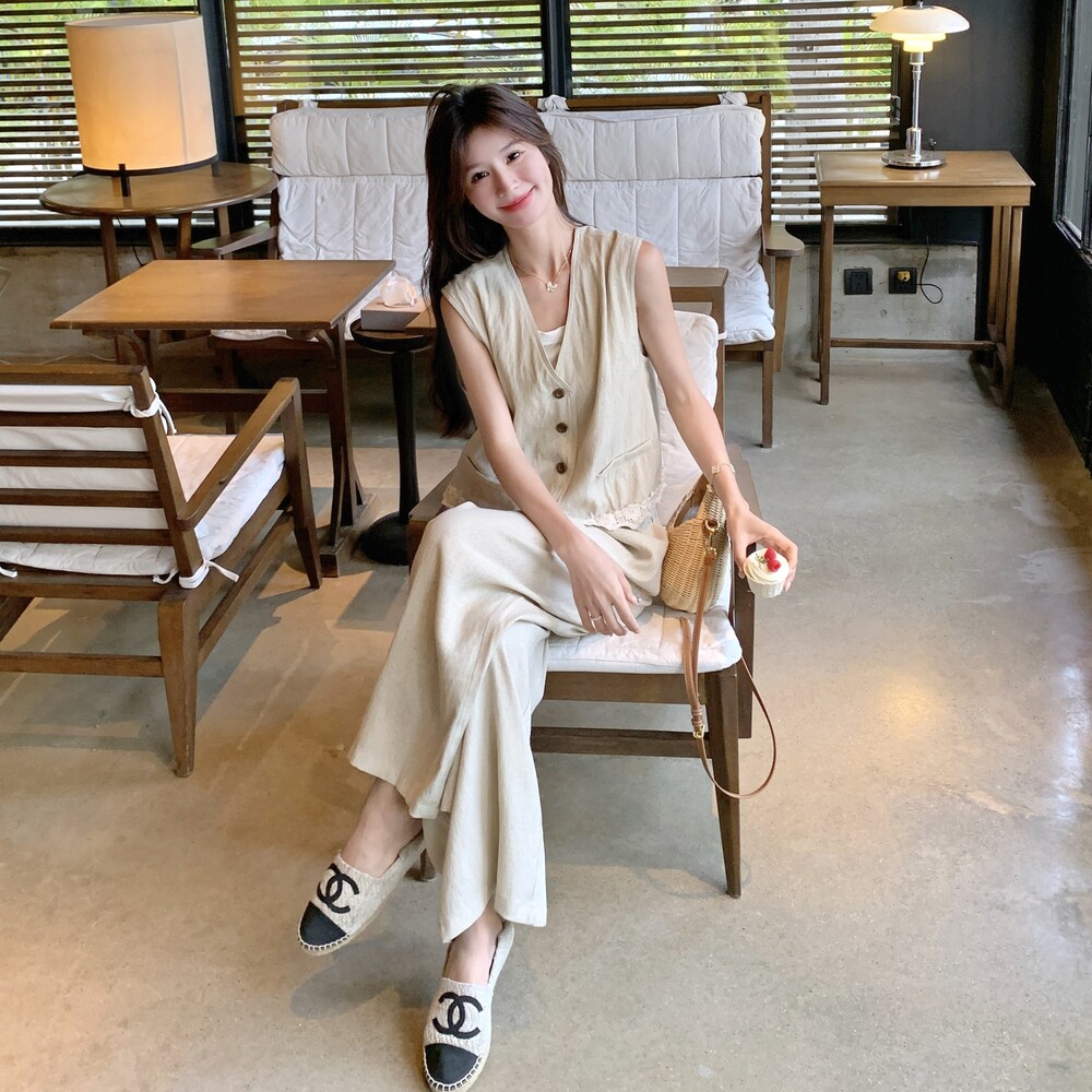 小个子大方得体穿搭一整套女夏2025新款无袖上衣阔腿裤休闲两件套,女装套装/套裙,浙宝152