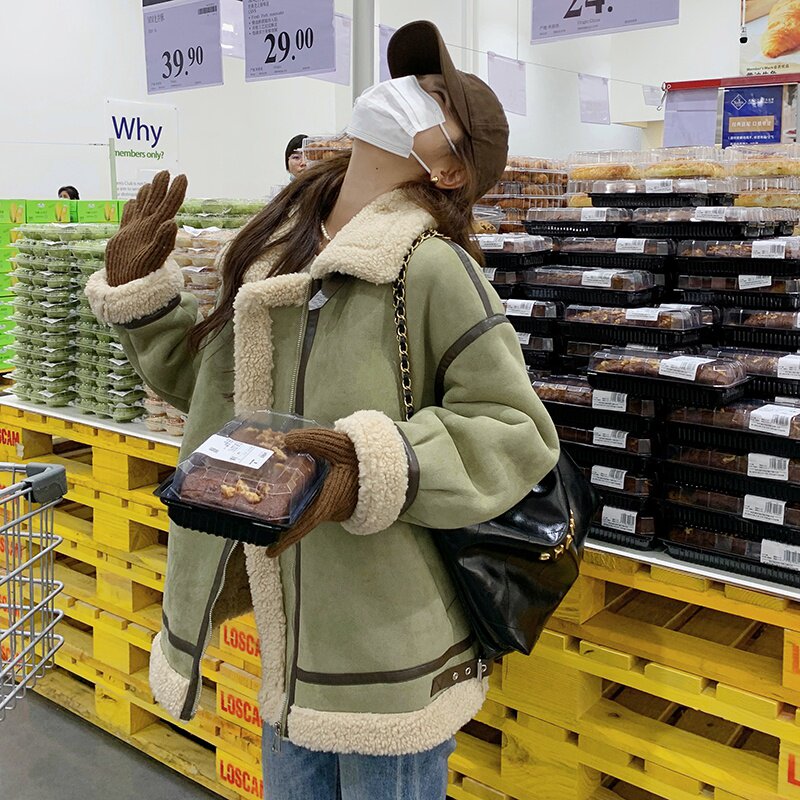 皮毛一体羊羔毛外套女2024冬季新款韩版宽松麂皮绒加厚短款棉服潮,女装棉衣/棉服,浙宝152