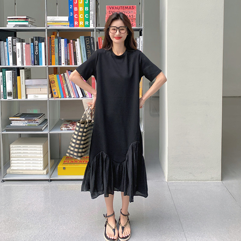 黑色慵懒风休闲连衣裙女2025夏新款韩版宽松显瘦设计感拼接鱼尾裙图片