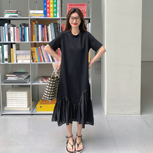 黑色慵懒风休闲连衣裙女2025夏新款韩版宽松显瘦设计感拼接鱼尾裙图片