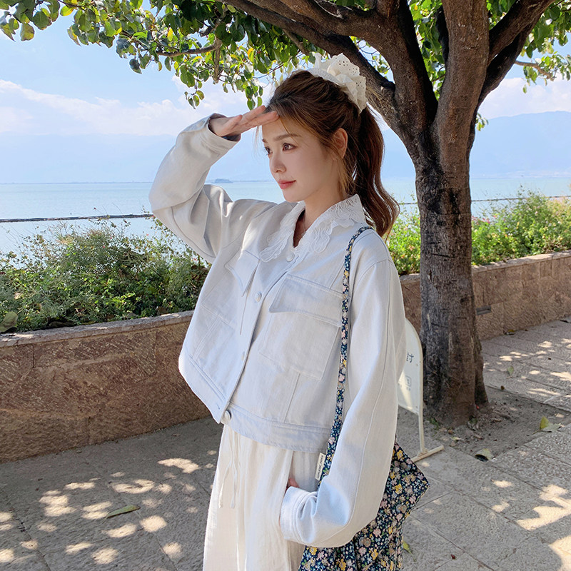 白色蕾丝领牛仔外套女2025春季新款设计感小众甜酷风小个子短夹克,女装短外套,浙宝152