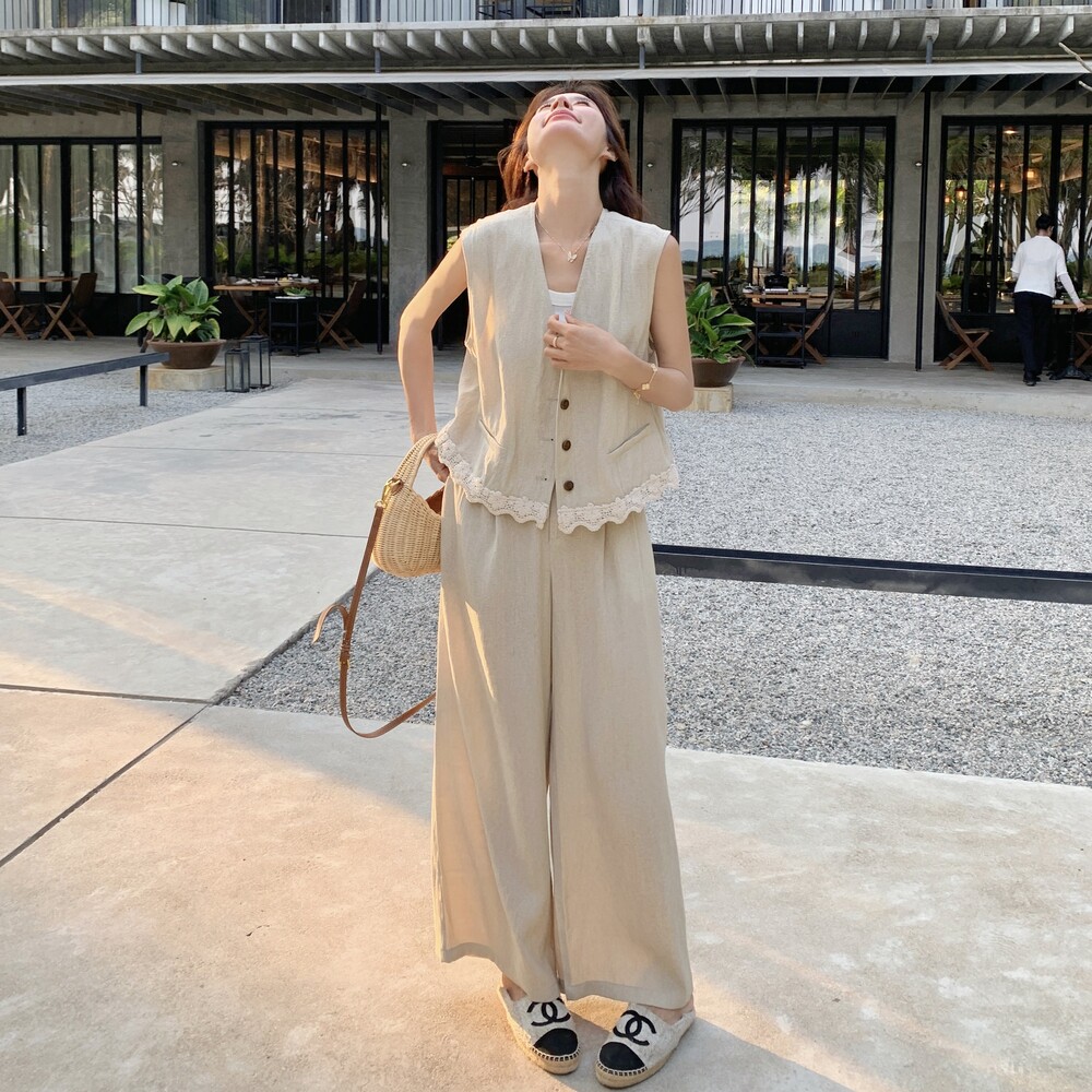 小个子大方得体穿搭一整套女夏2025新款无袖上衣阔腿裤休闲两件套图片