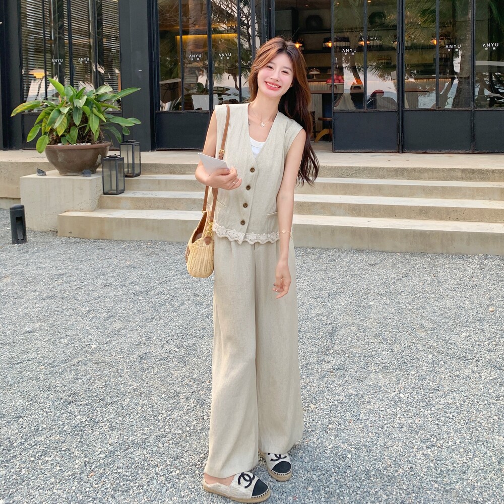 小个子大方得体穿搭一整套女夏2025新款无袖上衣阔腿裤休闲两件套,女装套装/套裙,浙宝152