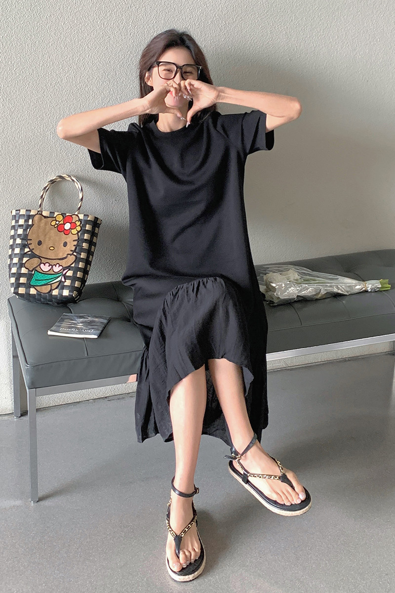 黑色慵懒风休闲连衣裙女2025夏新款韩版宽松显瘦设计感拼接鱼尾裙,女装连衣裙,浙宝152