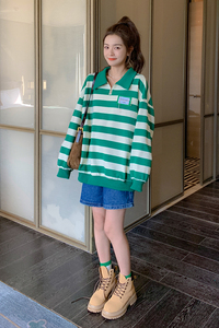 学院风polo领卫衣女2025新款春秋oversize落肩绿色条纹上衣ins潮图片